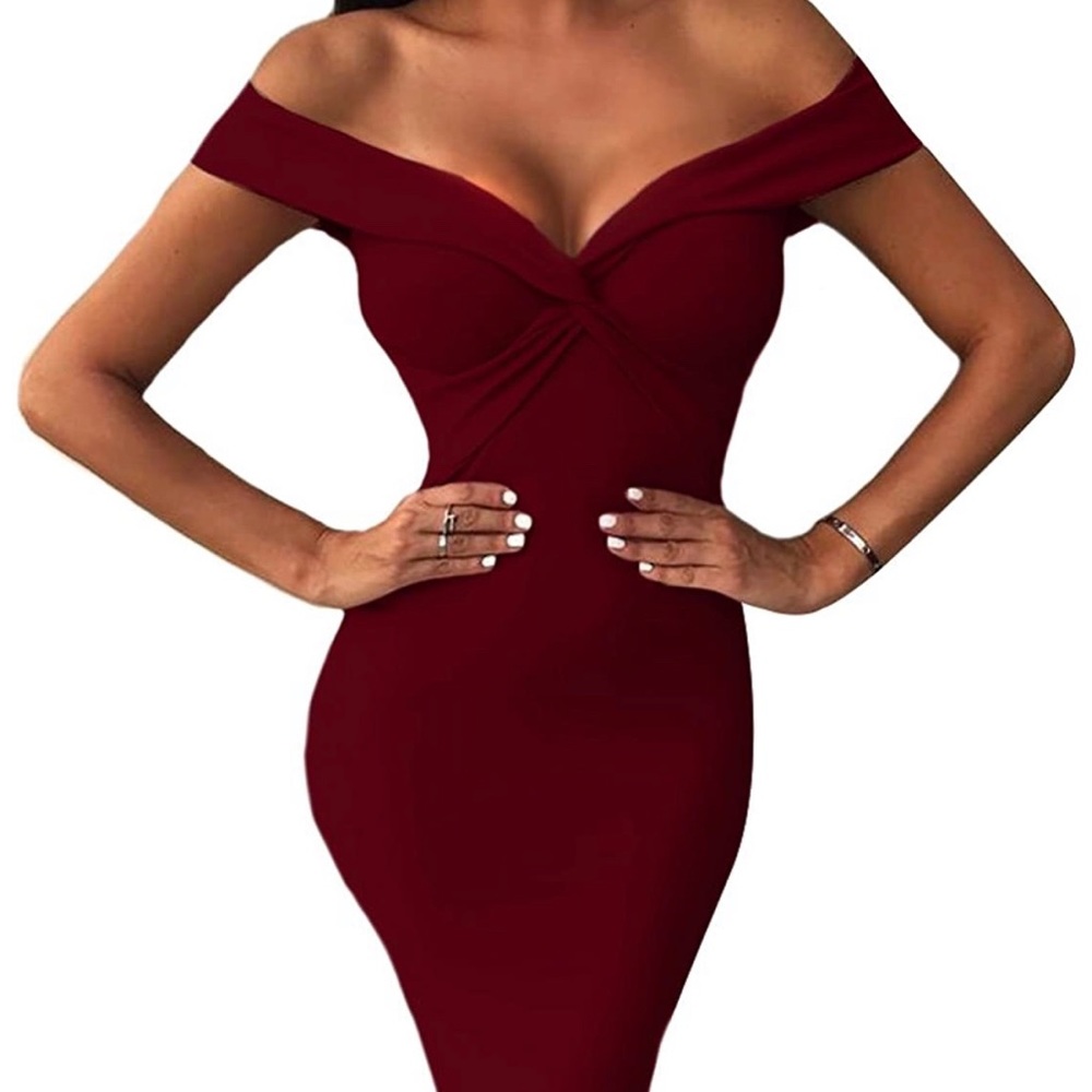Women's Draped V Neck Off Shoulder Bodycon Midi
